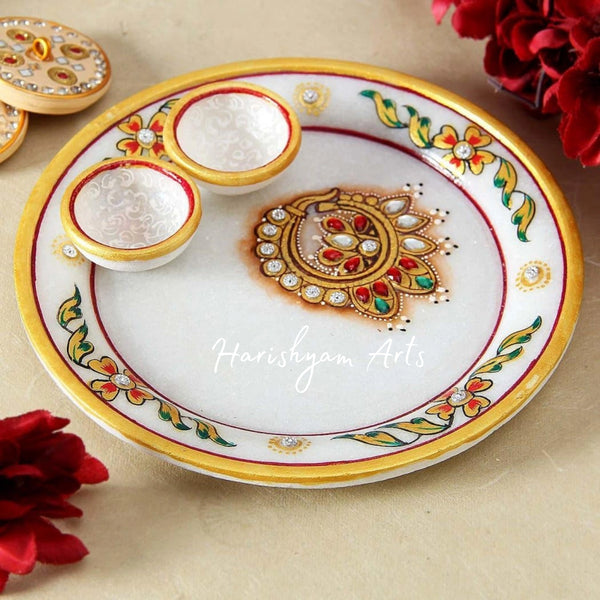 Marble Pooja Thali with Two Diyas for Traditional Worship and Rituals