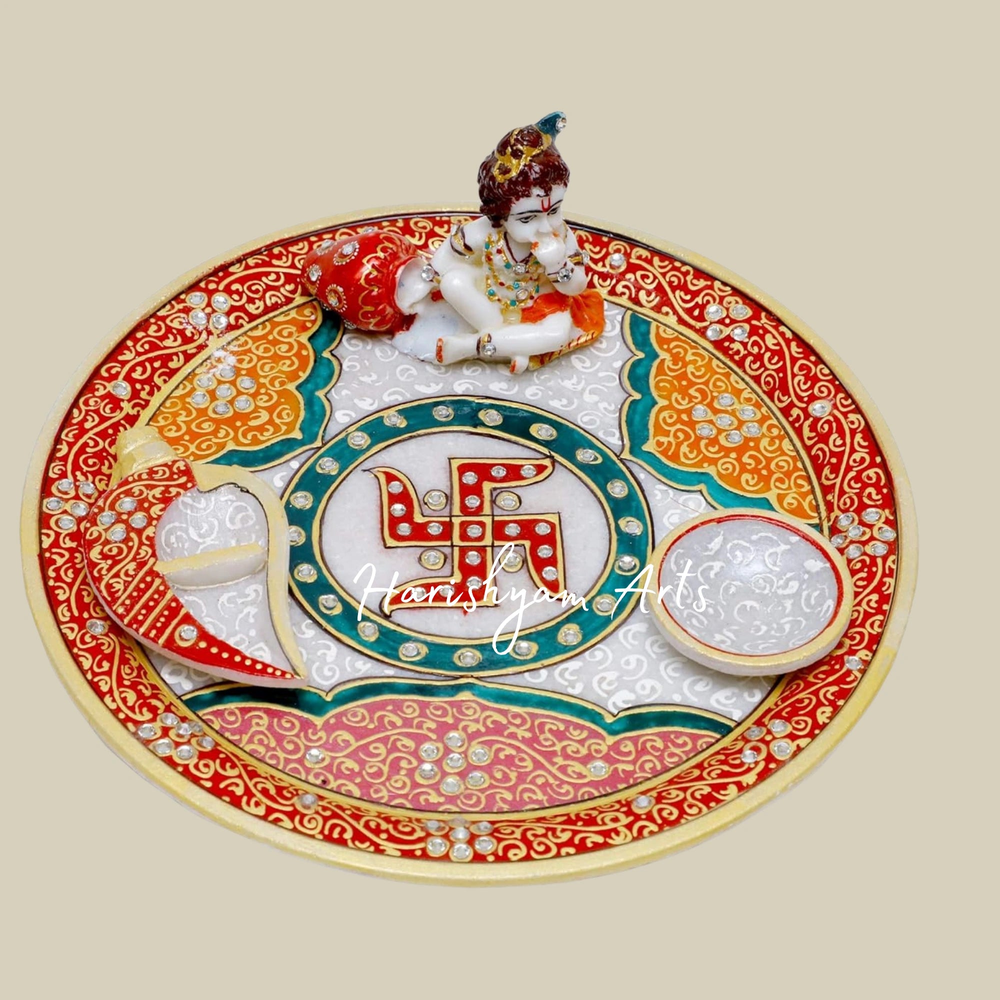 Marble Puja Plate Set with Krishna Design for Home and Temple Use