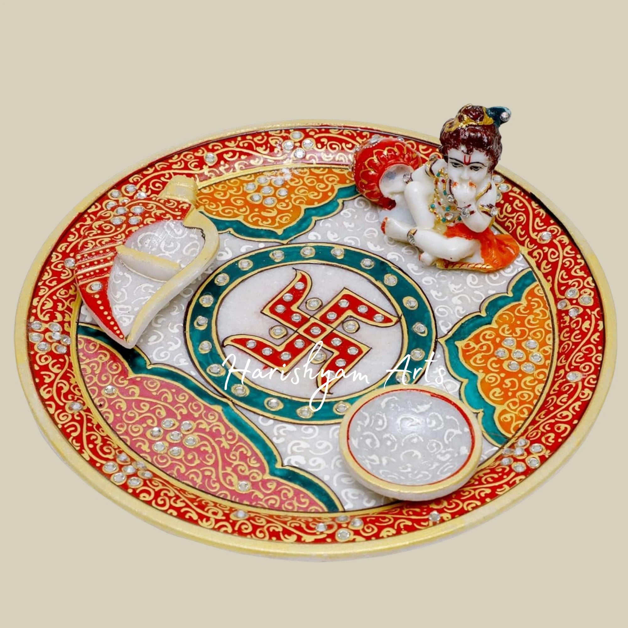 Marble Puja Plate Set with Krishna Design for Home and Temple Use2