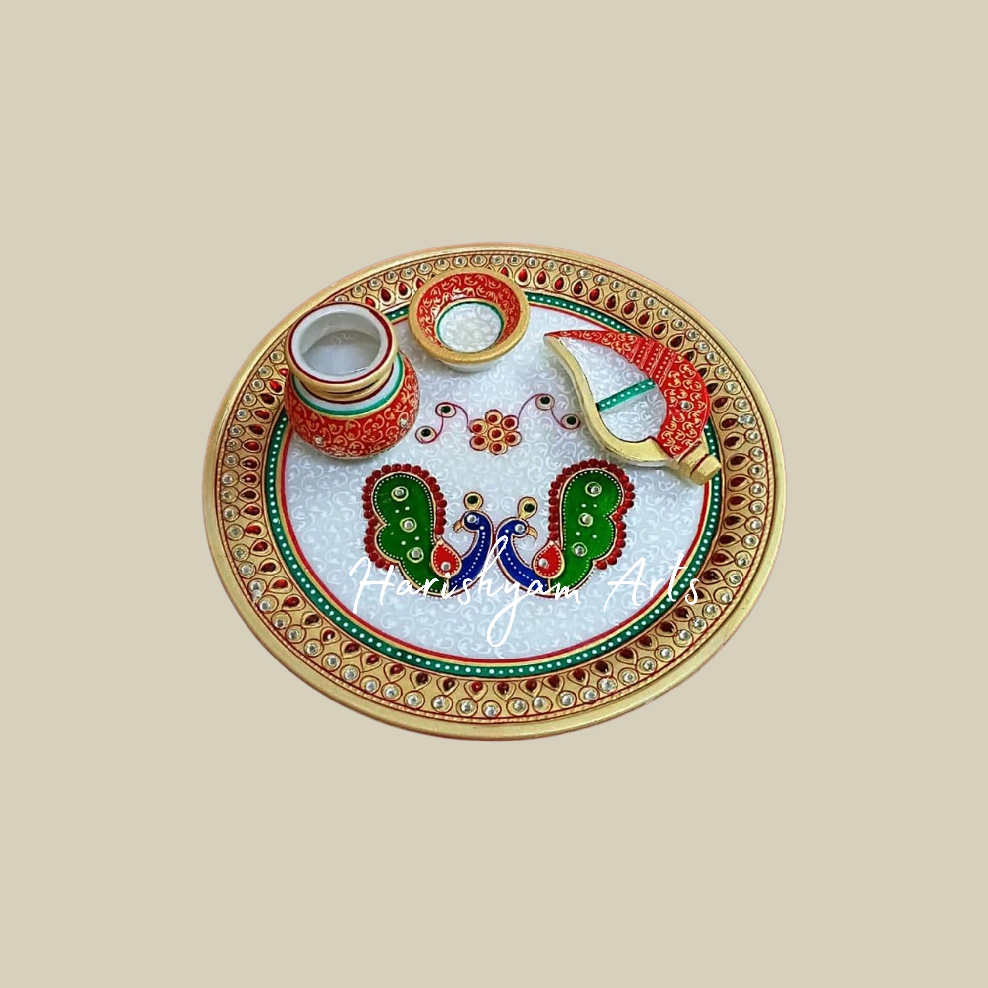 Marble Puja Thali for Laddu Gopal Pooja Room with Diya, Sindoor Holder, and Lota