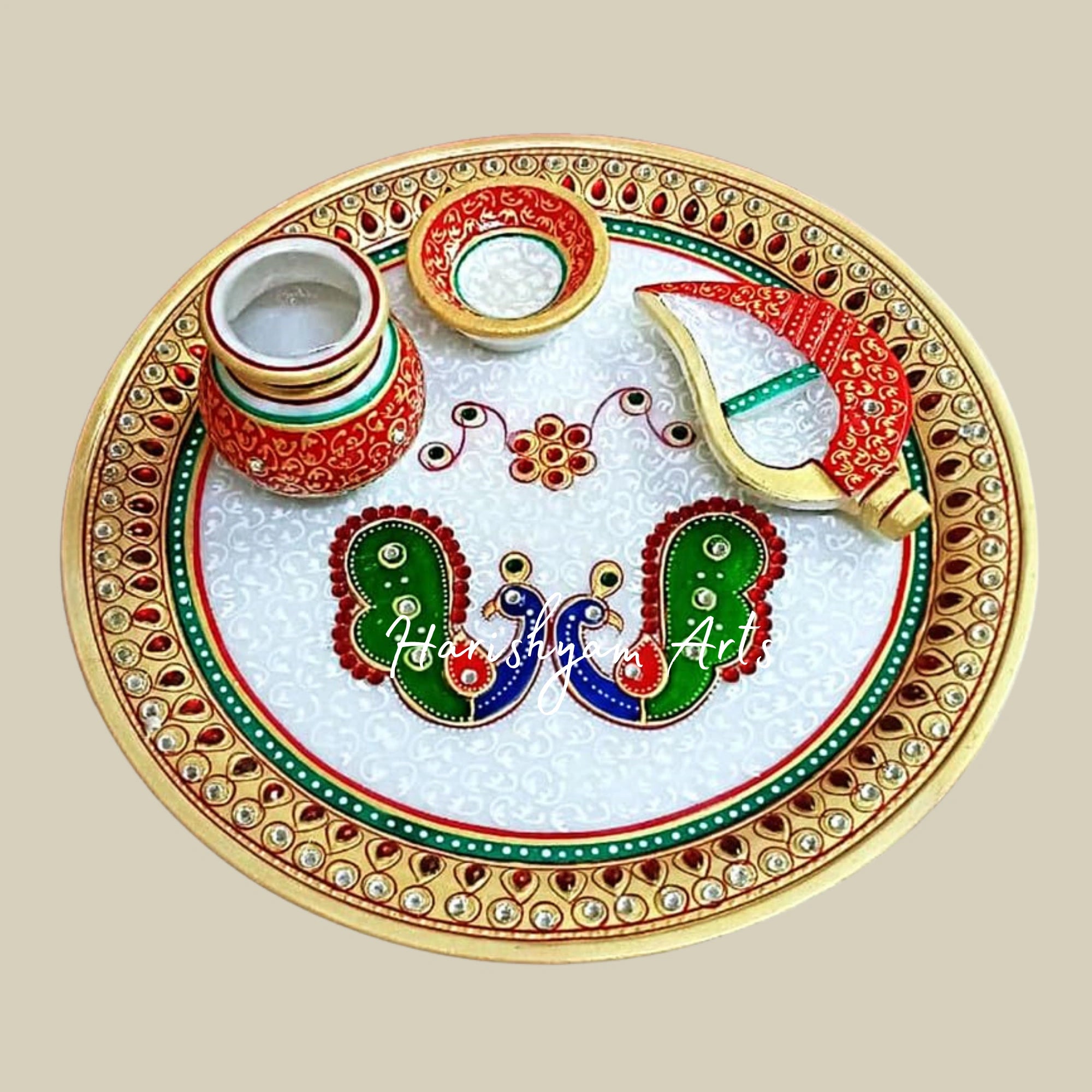 Marble Puja Thali for Laddu Gopal Pooja Room with Diya, Sindoor Holder, and Lota2