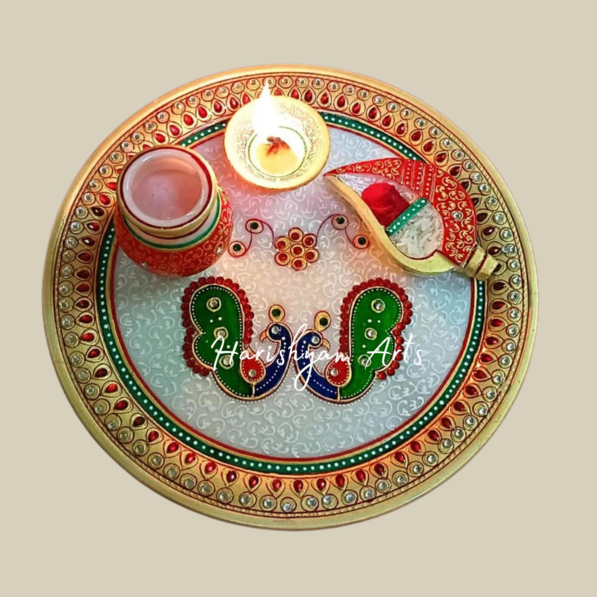 Marble Puja Thali for Laddu Gopal Pooja Room with Diya, Sindoor Holder, and Lota3