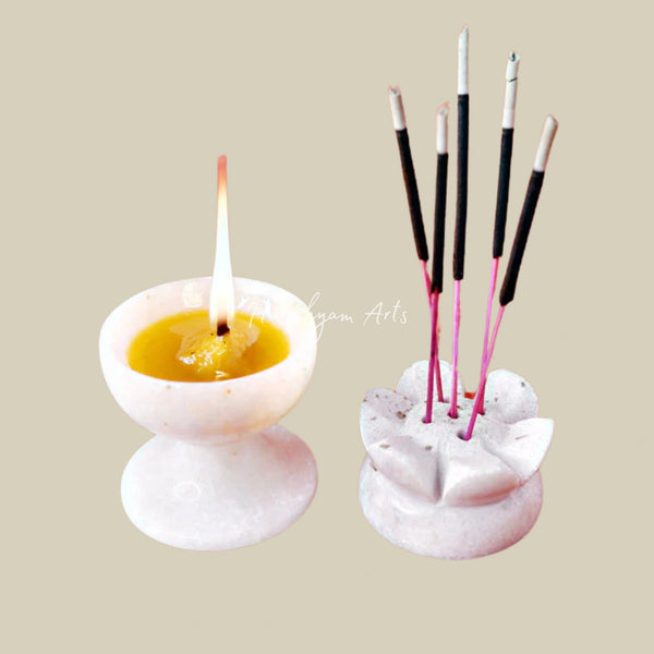 Marble Diya & Incense Holder Set