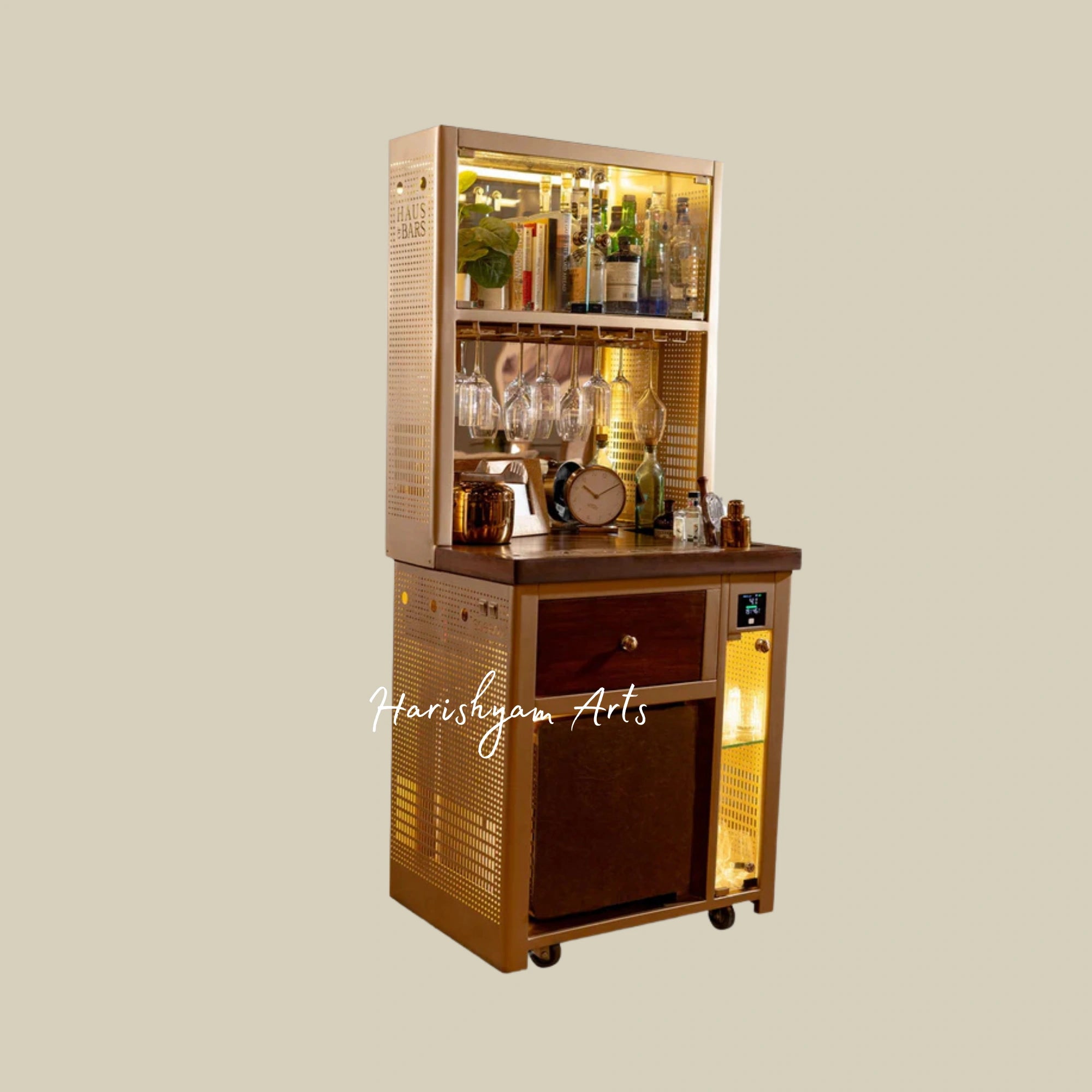 Modern Bar Cabinet with Wooden Top and Gold Accents