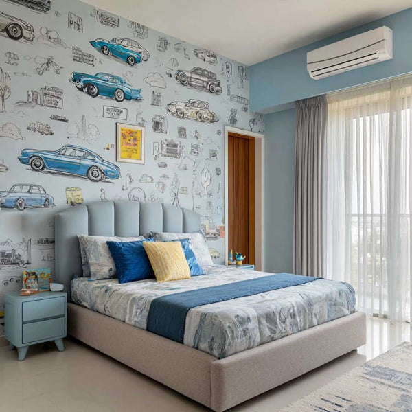 Modern Car-Themed Kids Bedroom with Blue Headboard & Reading Corner
