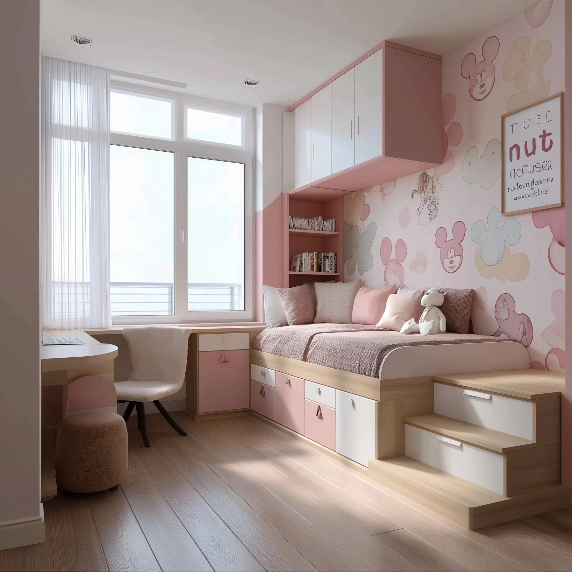 Modern Girls’ Bedroom in Soft Pink with Built-In Storage and Study Corner