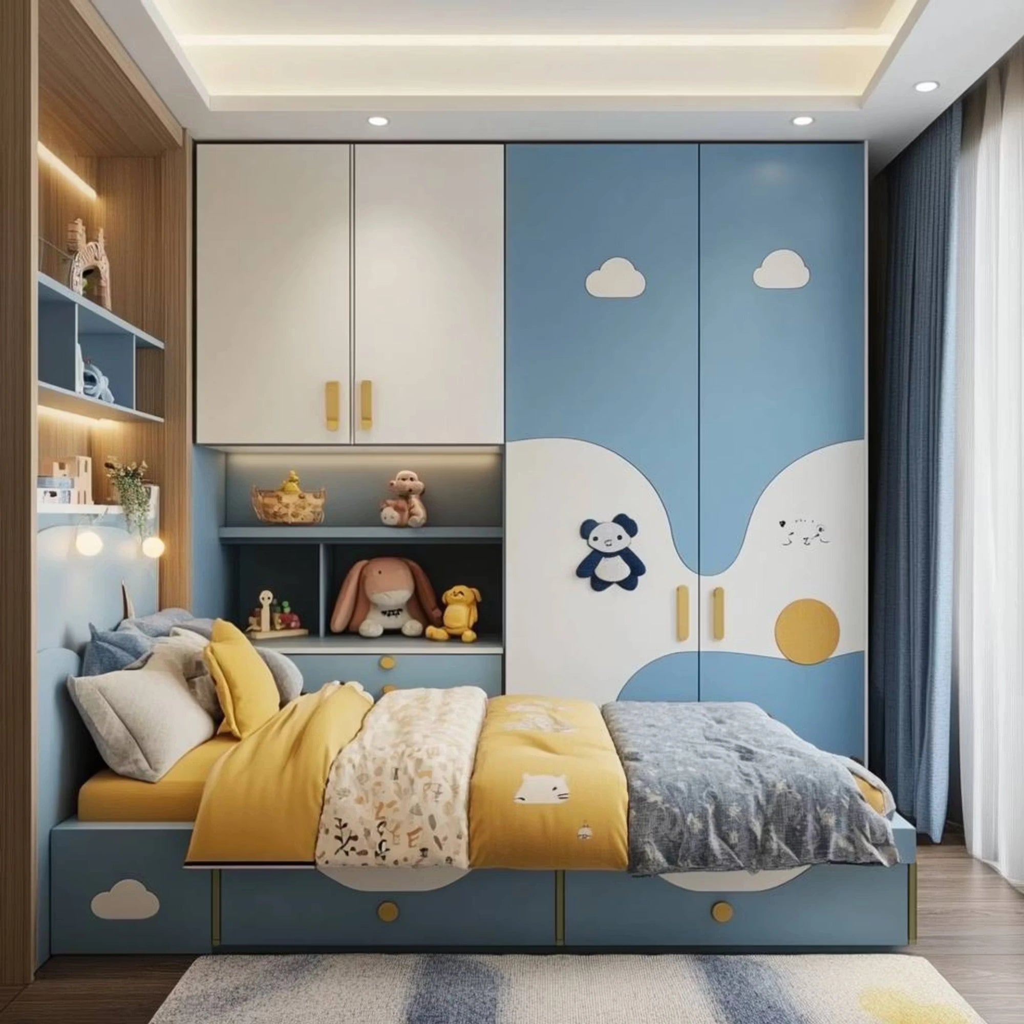Modern Kids Bedroom with Blue-Yellow Accents and Single Cot Storage Bed