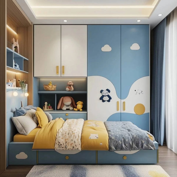 Modern Kids Bedroom with Blue-Yellow Accents and Single Cot Storage Bed