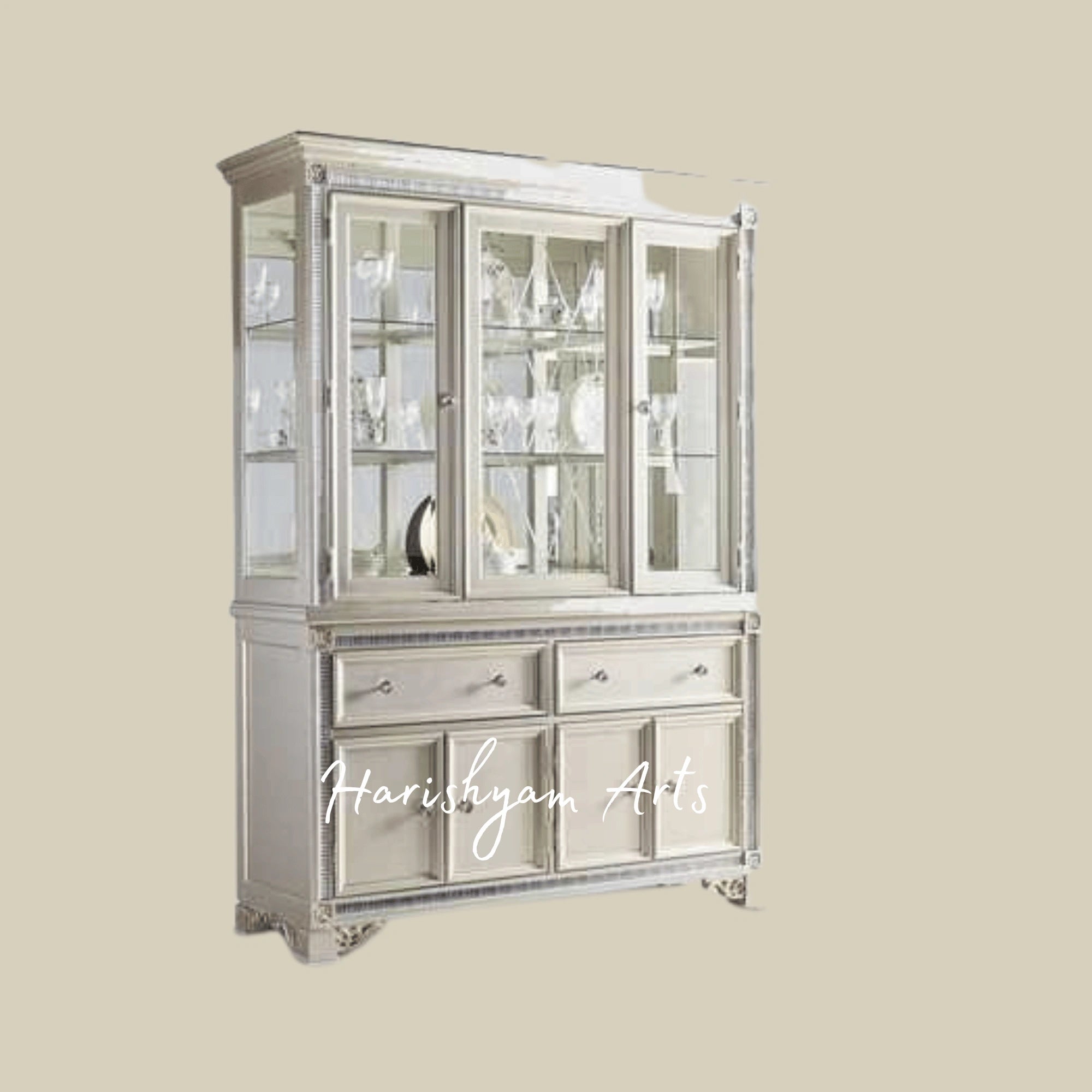 Modern Pearl White Crockery Hutch with Elegant Glass Doors and Spacious Storage Drawers