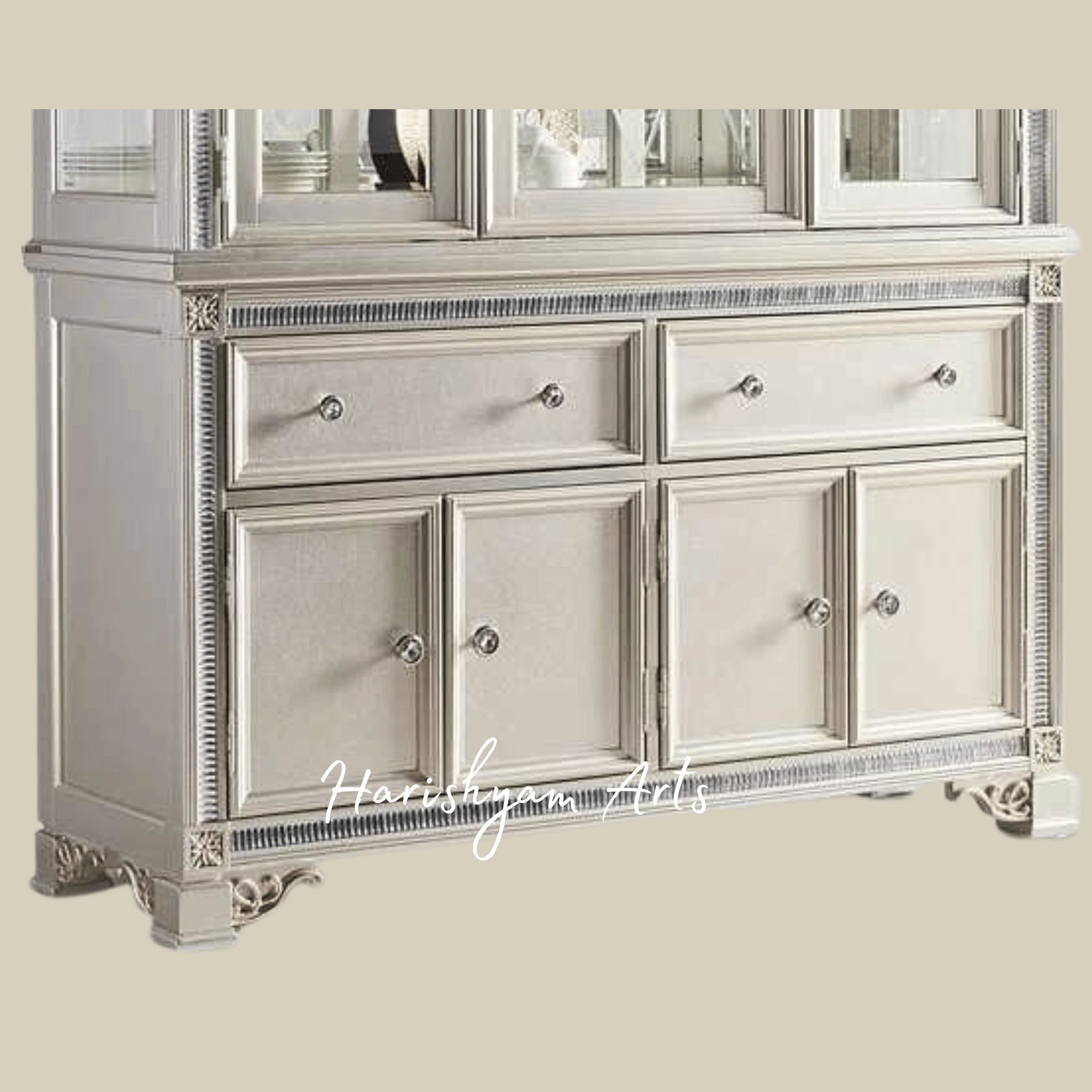 Modern Pearl White Crockery Hutch with Elegant Glass Doors and Spacious Storage Drawers1