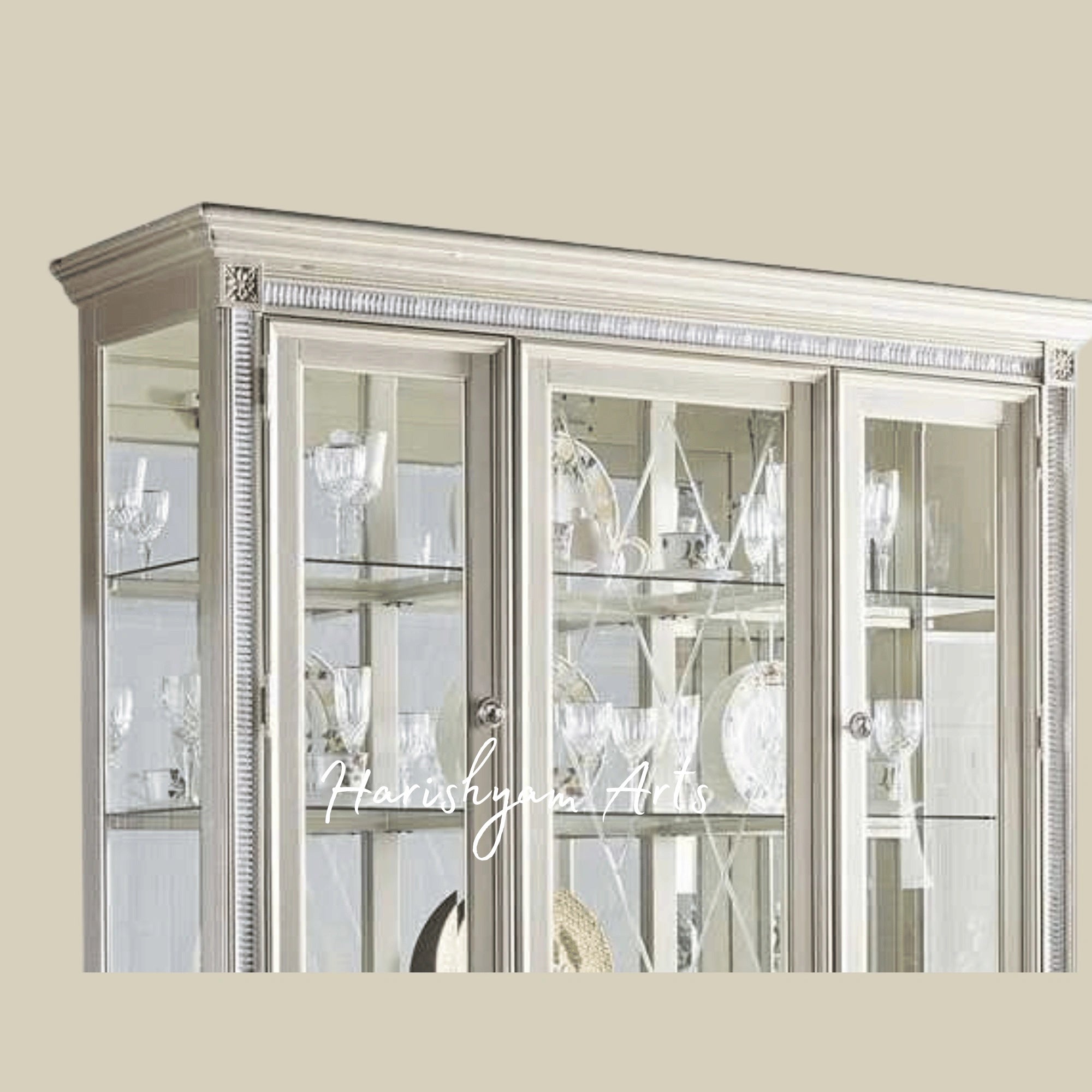 Modern Pearl White Crockery Hutch with Elegant Glass Doors and Spacious Storage Drawers3