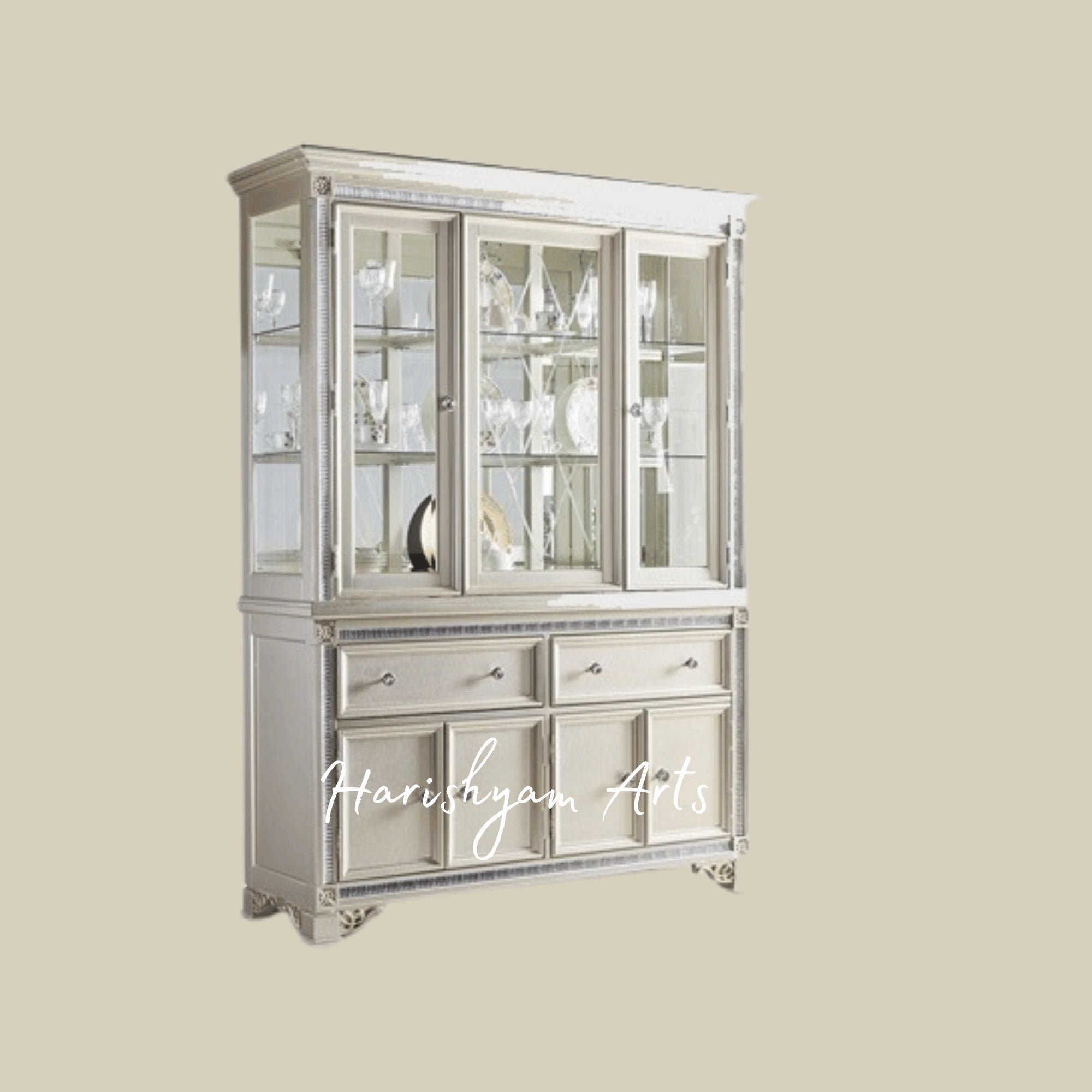 Modern Pearl White Crockery Hutch with Elegant Glass Doors and Spacious Storage Drawers3