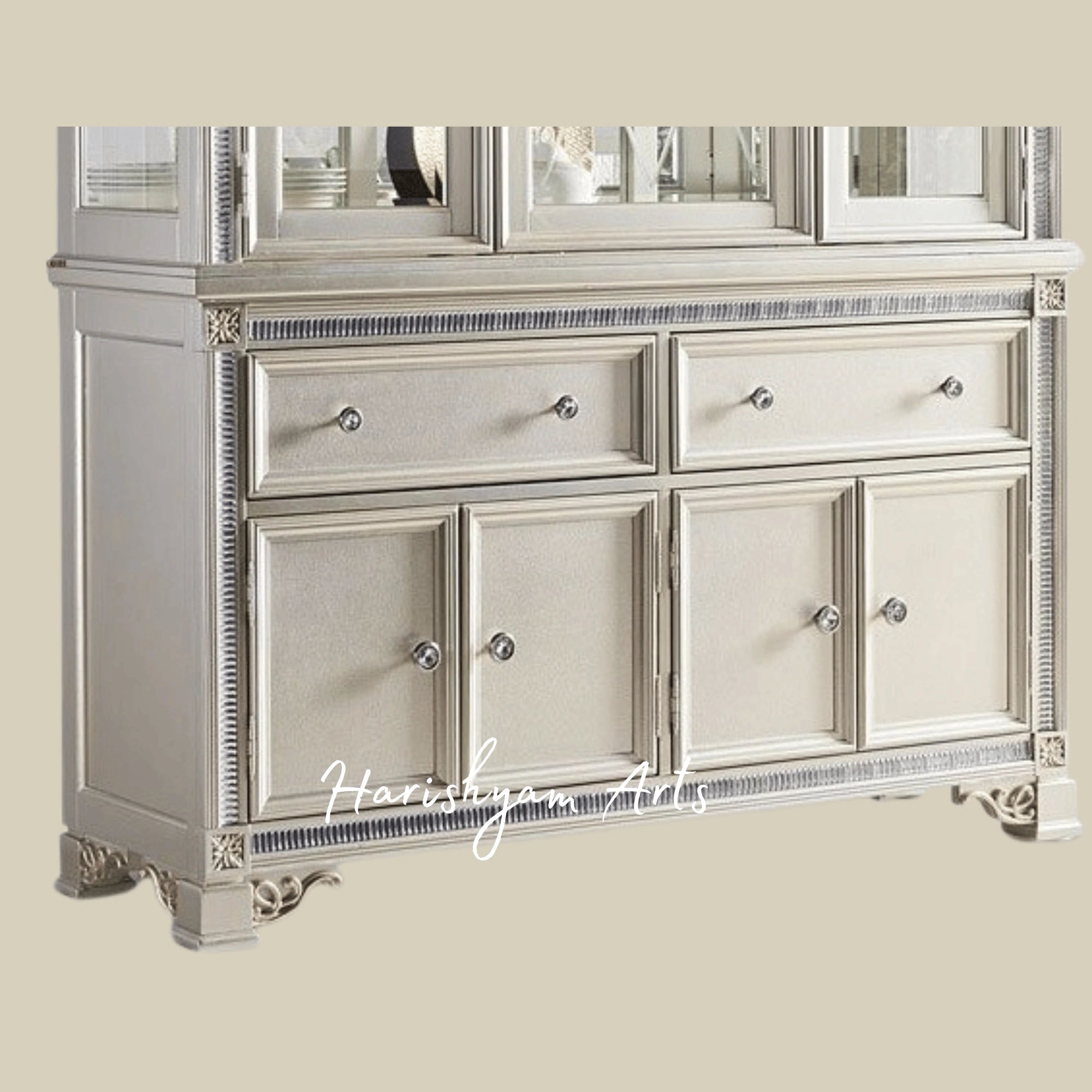 Modern Pearl White Crockery Hutch with Elegant Glass Doors and Spacious Storage Drawers4