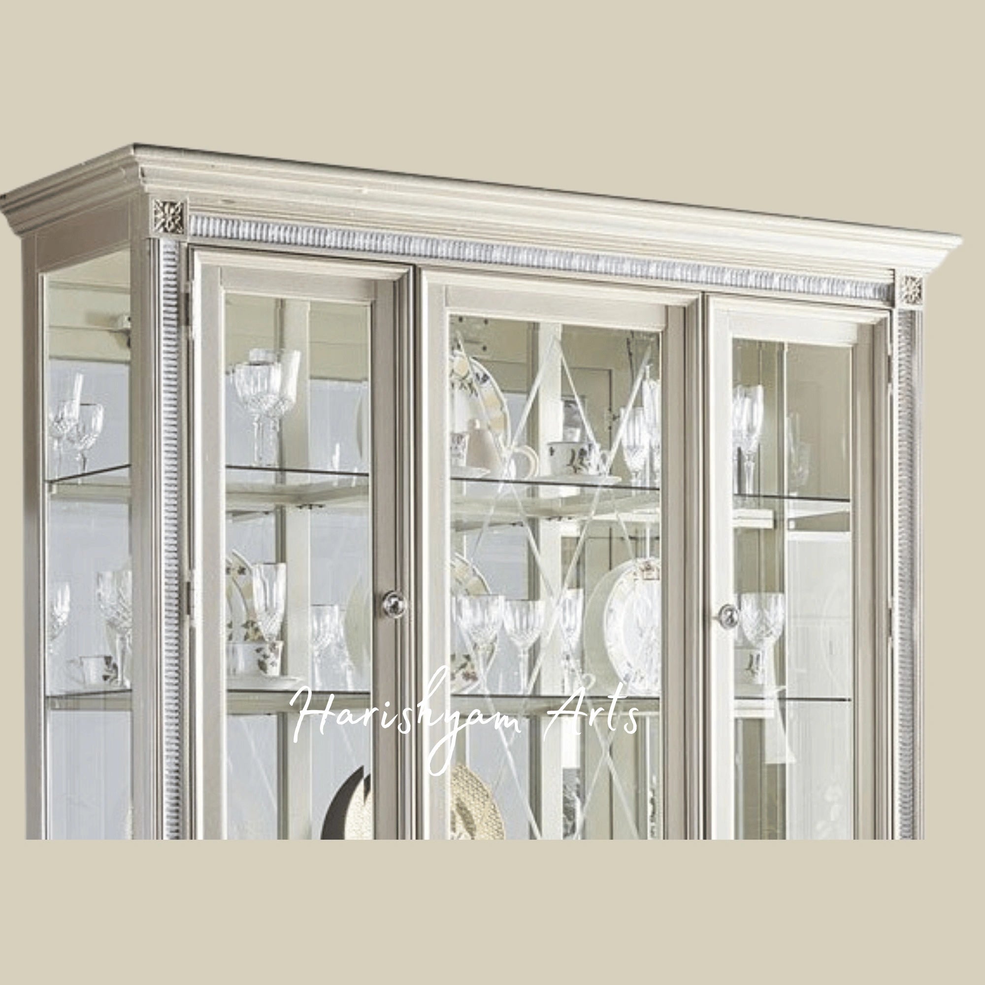 Modern Pearl White Crockery Hutch with Elegant Glass Doors and Spacious Storage Drawers5