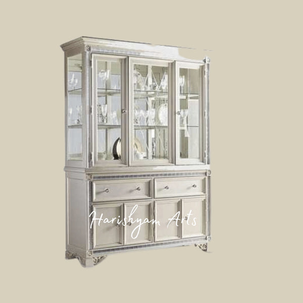 Modern Pearl White Crockery Hutch with Elegant Glass Doors and Spacious Storage Drawers