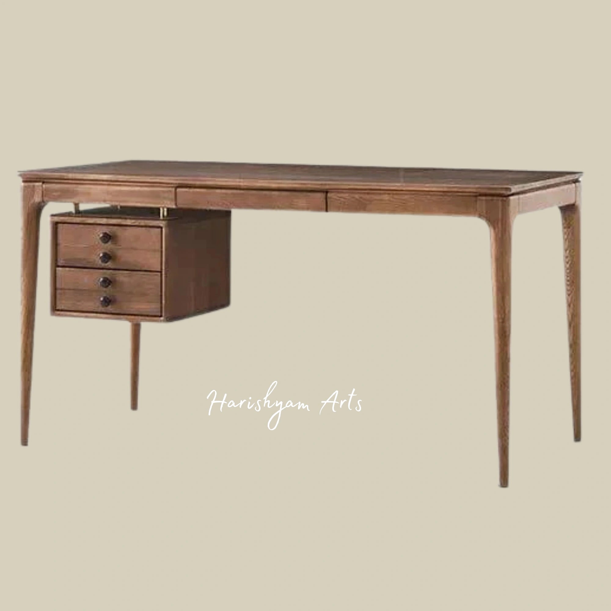 Modern Walnut Teak Wood Writing Desk with Five Spacious Drawers