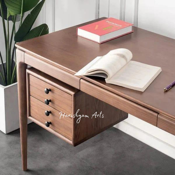 Modern Walnut Teak Wood Writing Desk with Five Spacious Drawers