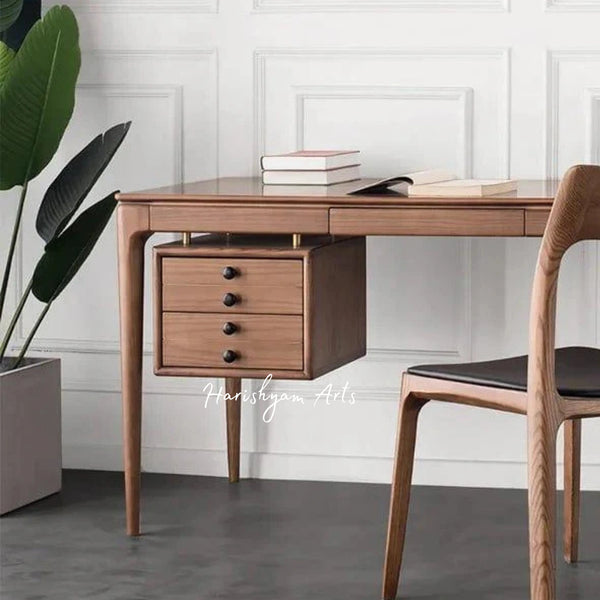 Modern Walnut Teak Wood Writing Desk with Five Spacious Drawers