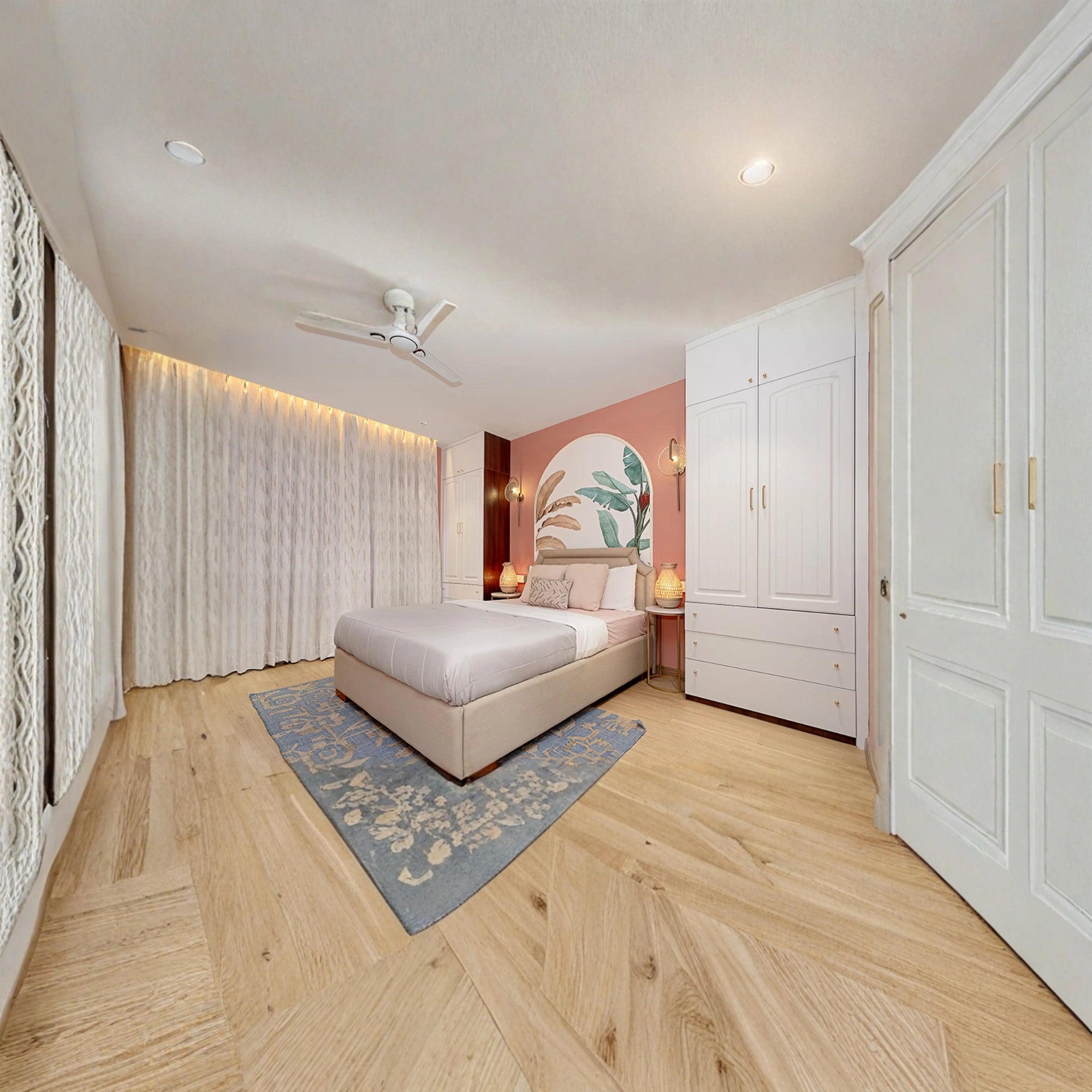 Nature-Inspired Kids Room with Coral Accent Wall and Cozy Decor