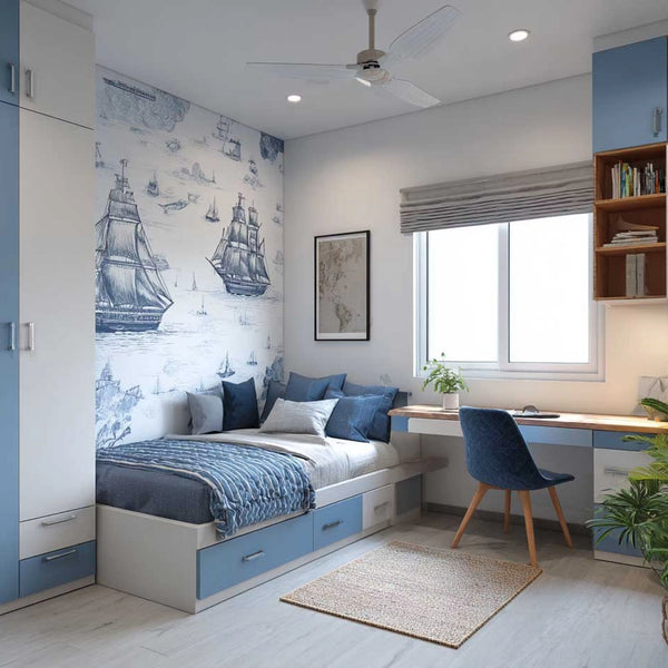 Navy Blue Kids Bedroom with Ship Mural and Smart Storage Layout