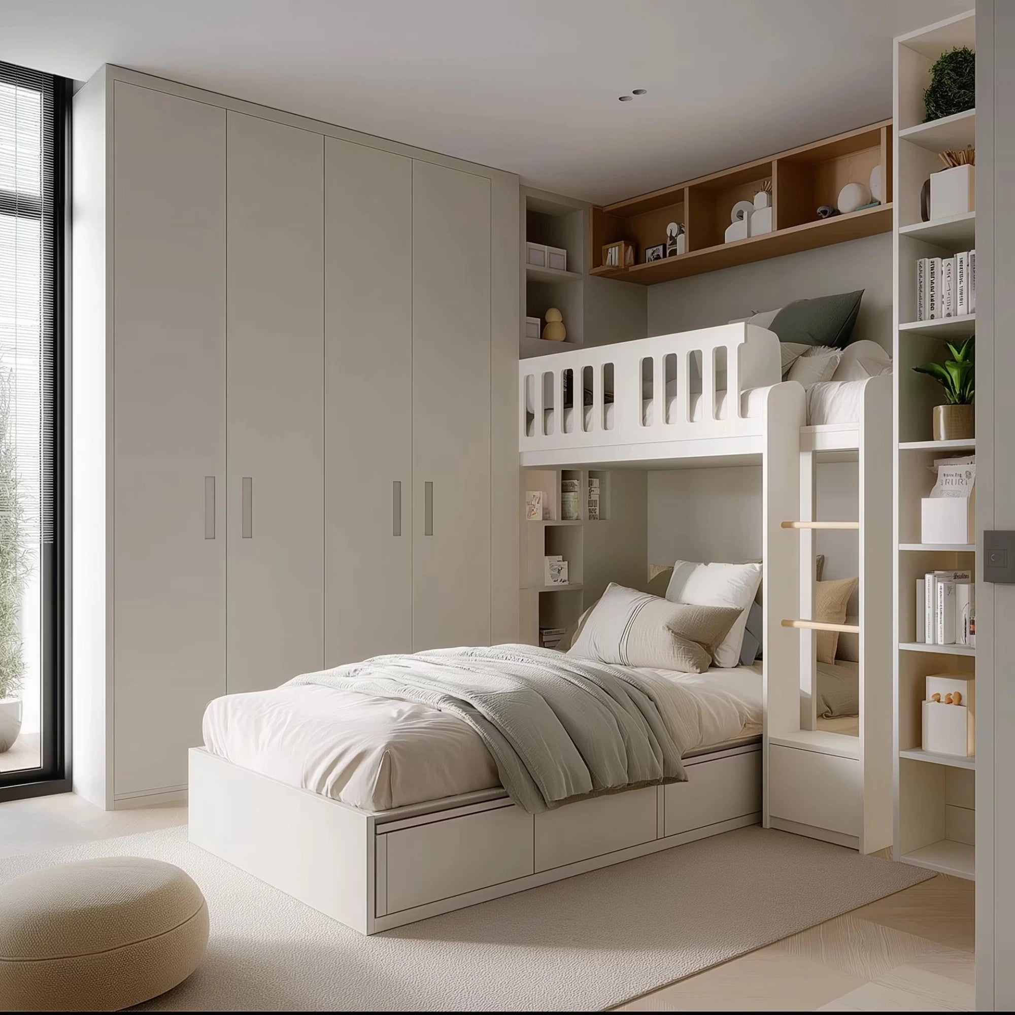 Neutral-Toned Kids Room with Built-In Bunk Bed and Closet Space