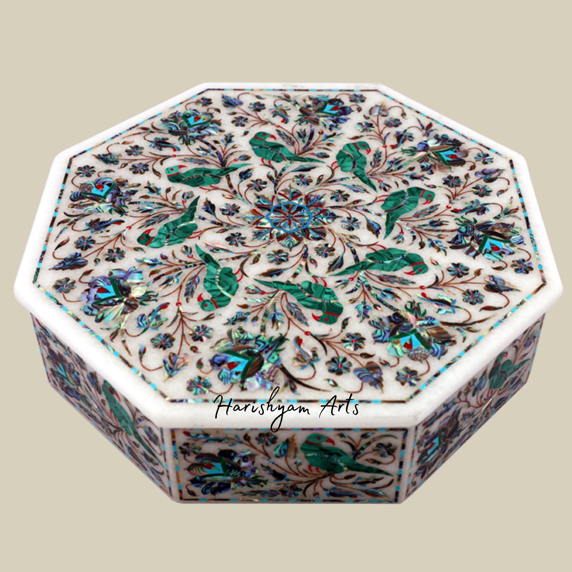 Octagonal White Marble Antique Jewelry Box with Malachite Gemstone Inl