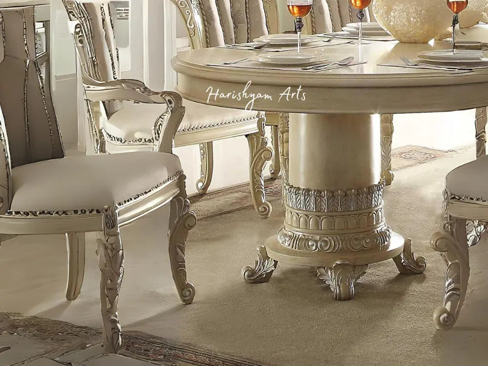 Opulent Cream Pearl Wood Oval Dining Table Set