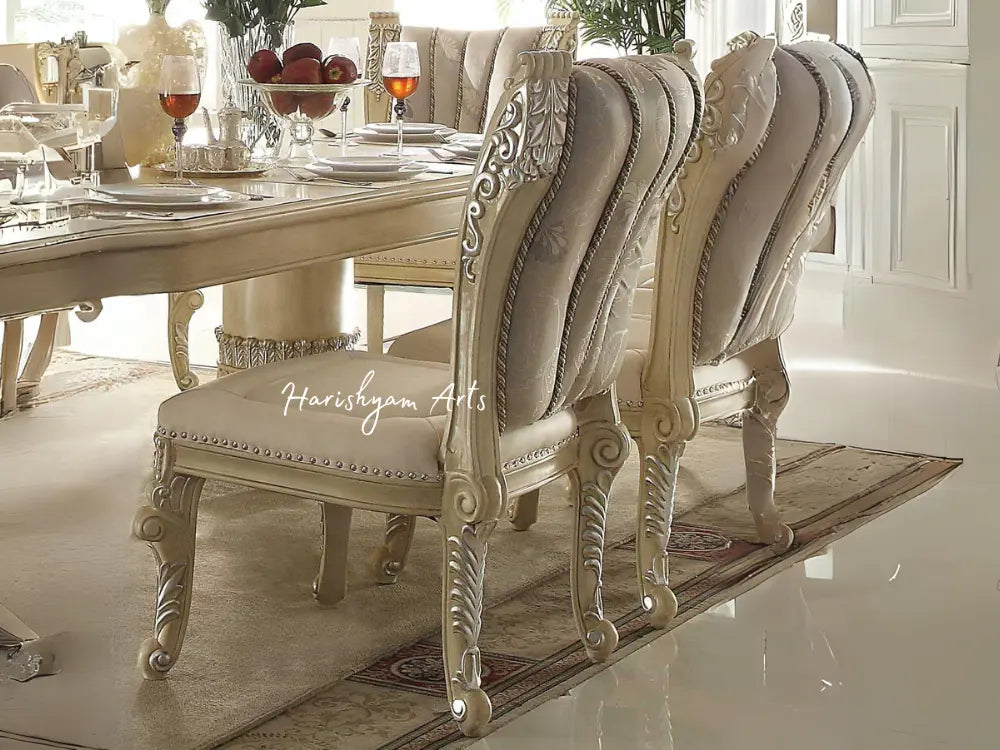 Opulent Cream Pearl Wood Oval Dining Table Set