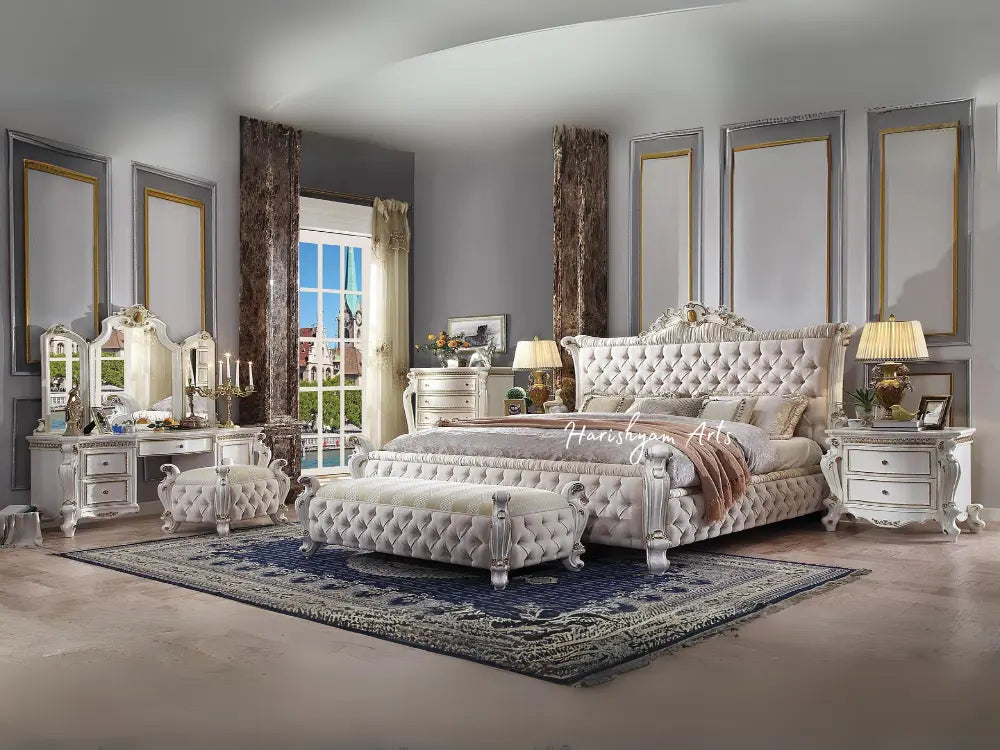 Opulent Queen Bedroom Ensemble in Pearl Fabric, 3-Piece