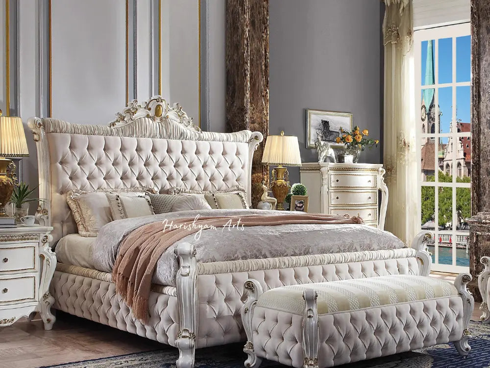 Opulent Queen Bedroom Ensemble in Pearl Fabric, 3-Piece