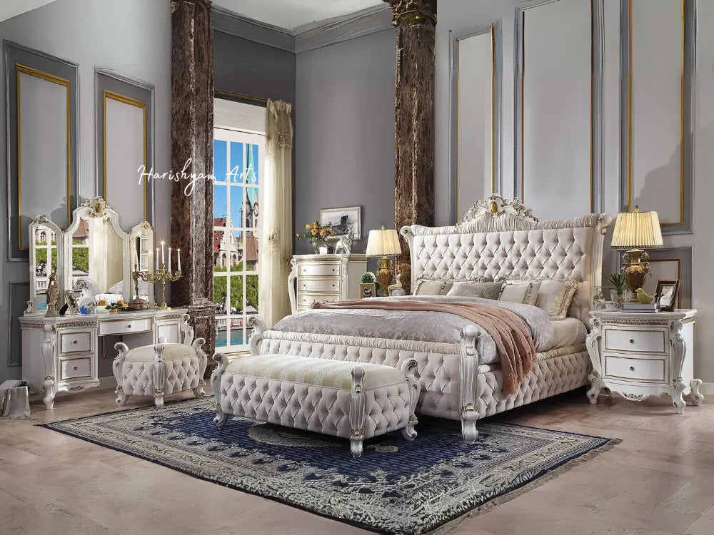 Opulent Queen Bedroom Ensemble in Pearl Fabric, 3-Piece