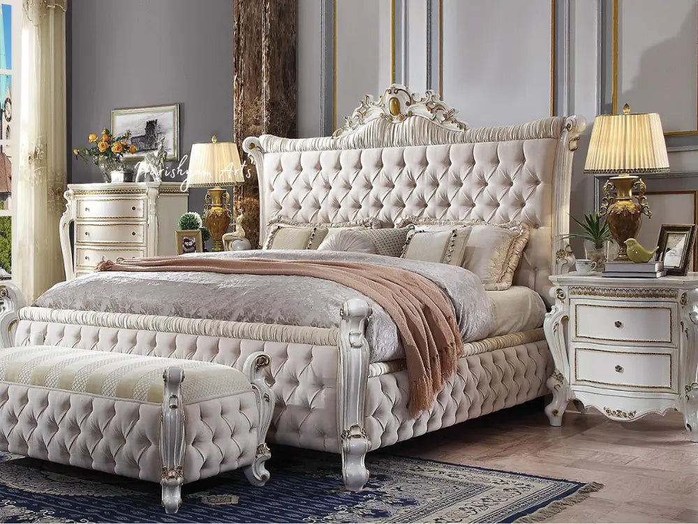 Opulent Queen Bedroom Ensemble in Pearl Fabric, 3-Piece