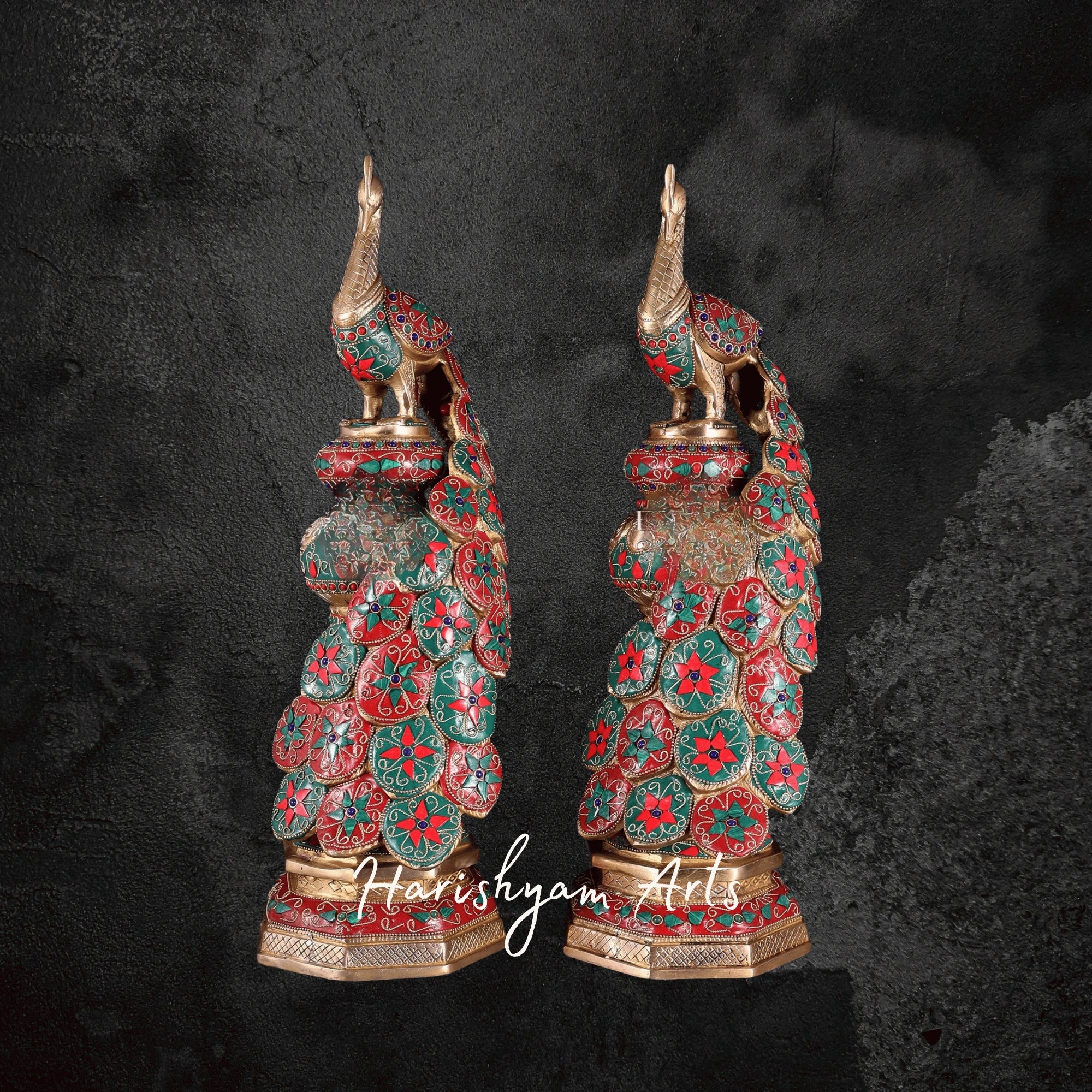 Ornate Large Brass Peacock Figurine with Floral Gemstone Embellishments
