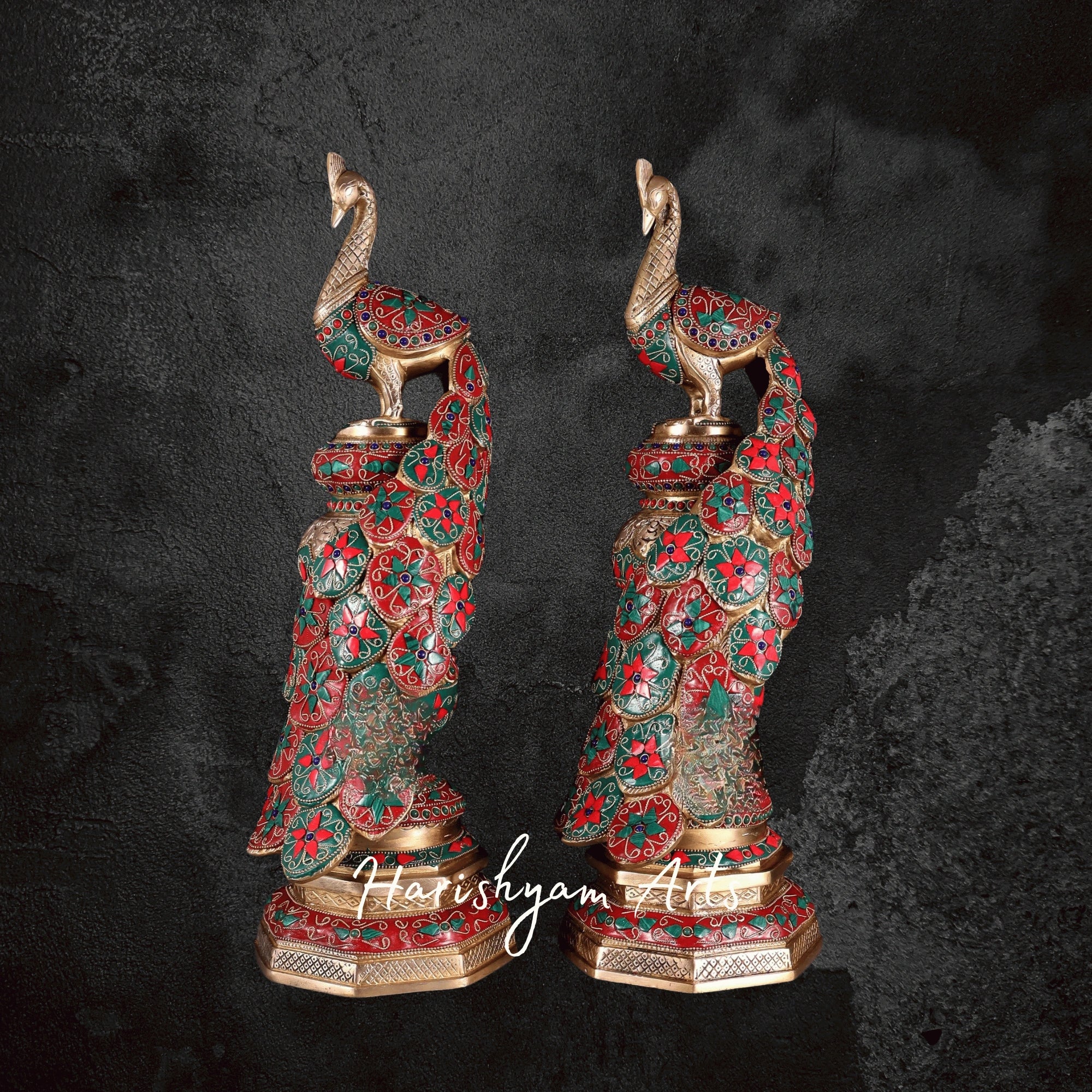 Ornate Large Brass Peacock Figurine with Floral Gemstone Embellishments