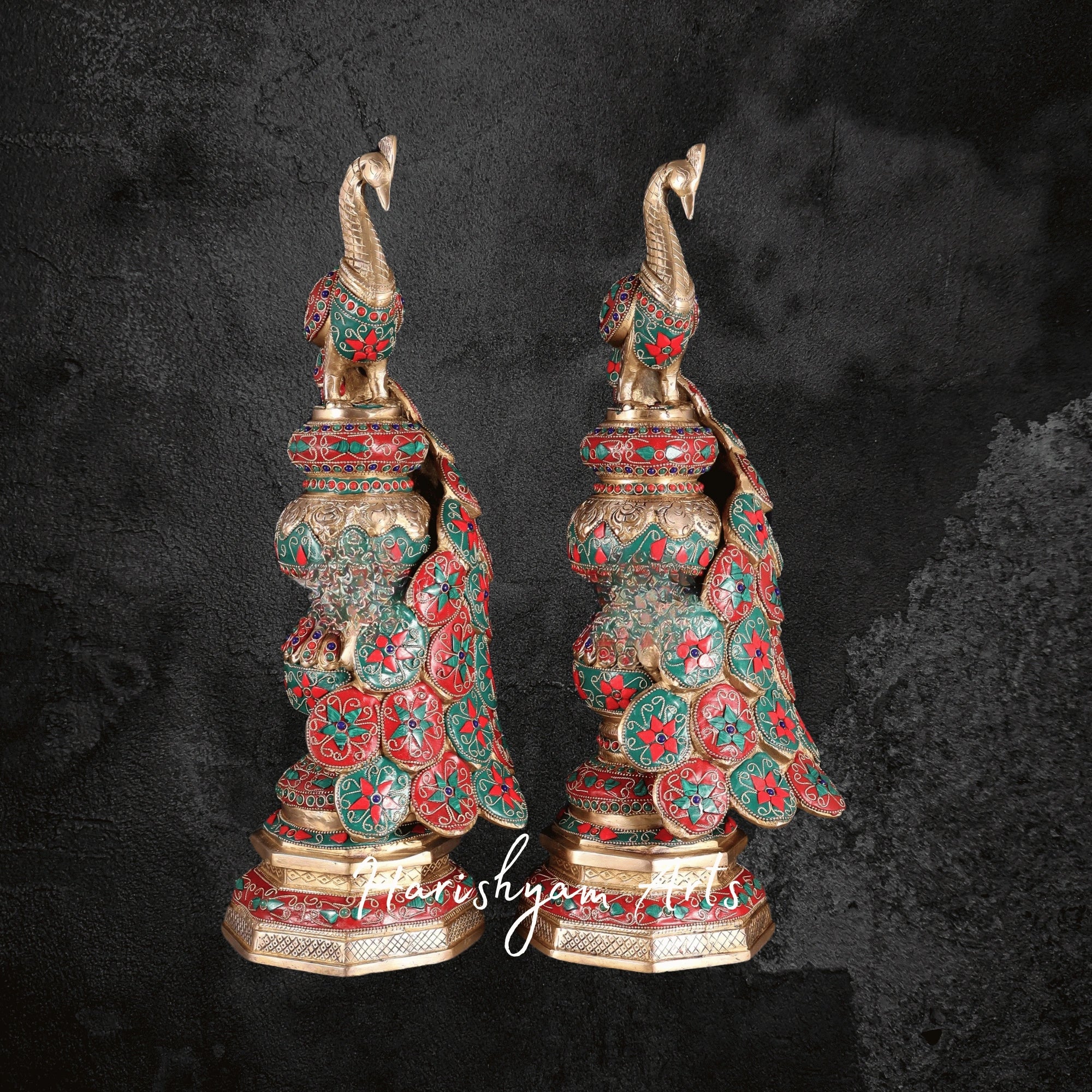 Ornate Large Brass Peacock Figurine with Floral Gemstone Embellishments