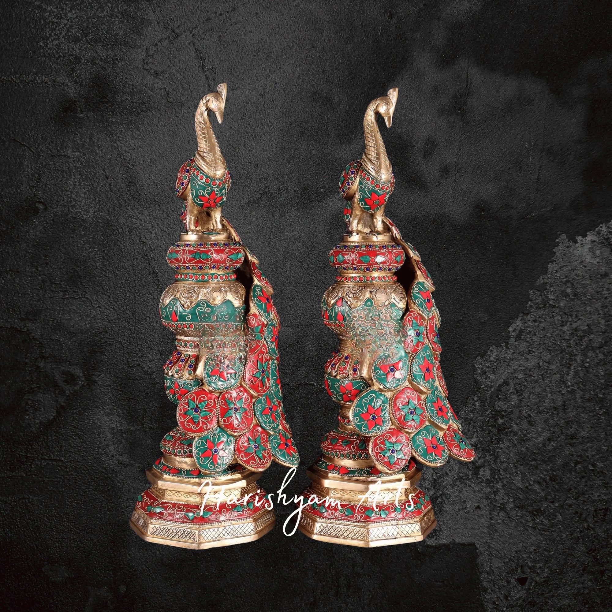 Ornate Large Brass Peacock Figurine with Floral Gemstone Embellishments