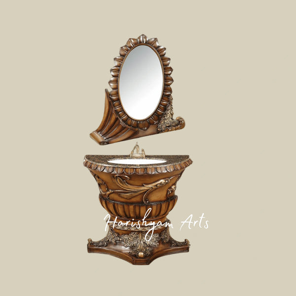 Ornate Oval Mirror Carved Wooden Bathroom Vanity