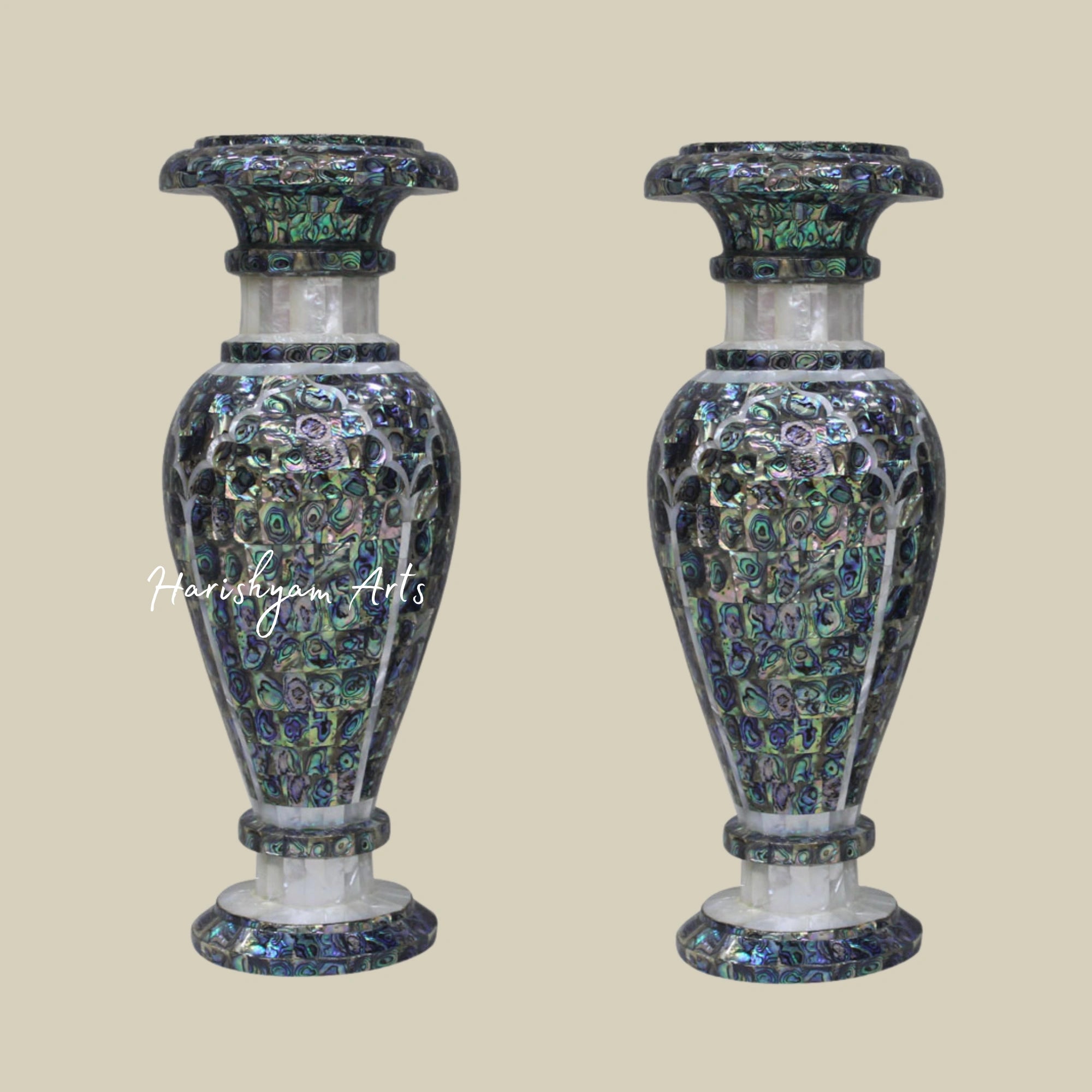 Pair of White Marble Flower Vases with Exquisite Mosaic Inlay Art