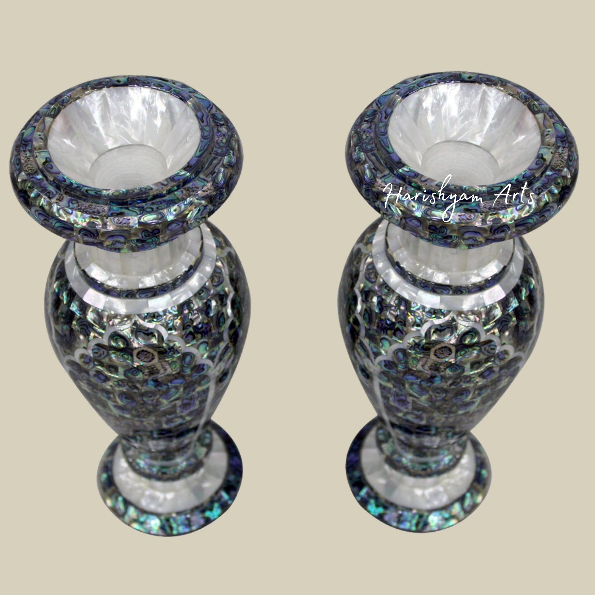 Pair of White Marble Flower Vases with Exquisite Mosaic Inlay Art1