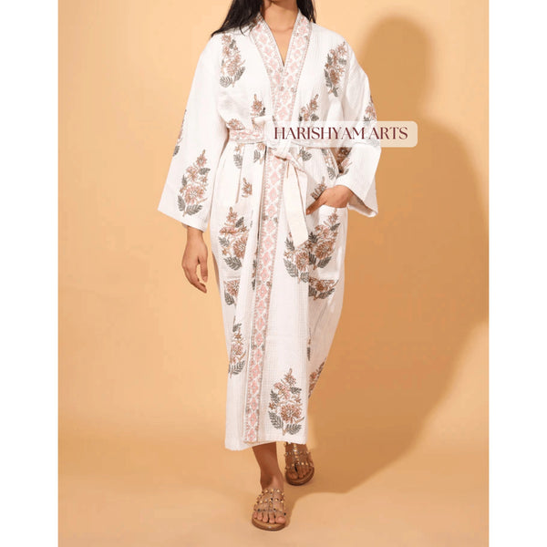 Peach Petal Waffle Indian Block Print Cotton Bathrobe