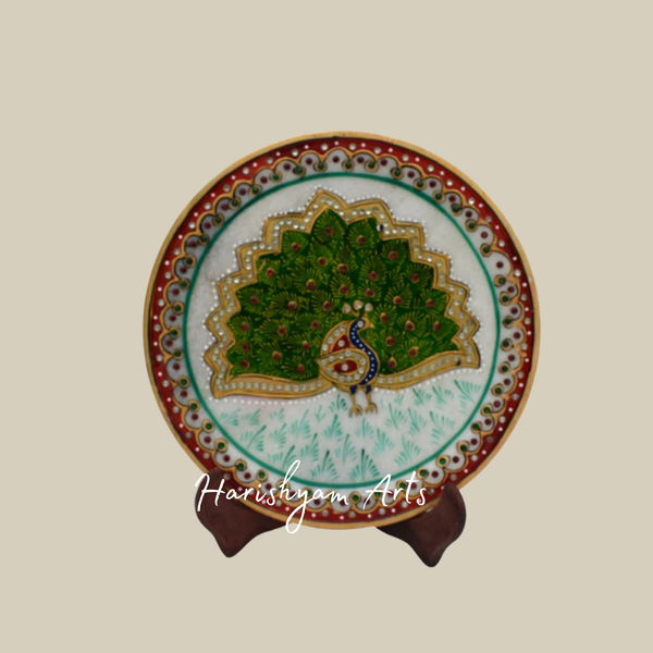 Peacock Design Marble Plate – Ideal for Pooja, Diwali & Festive Decor