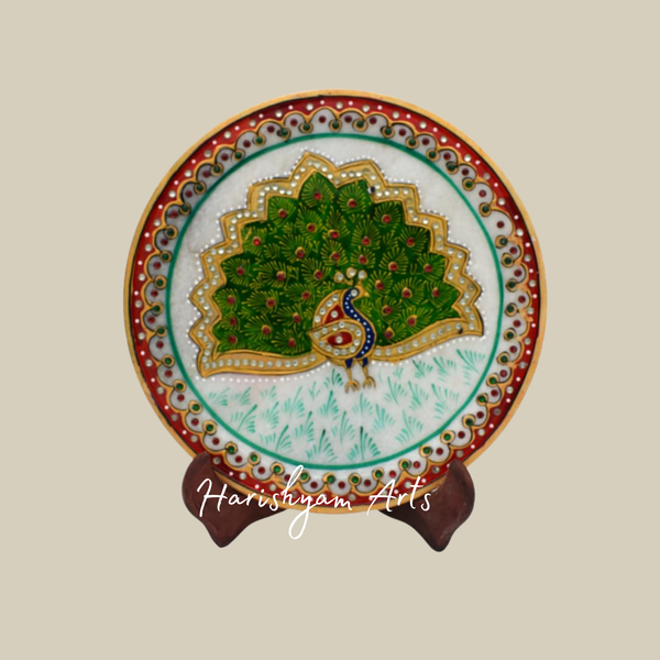 Peacock Design Marble Plate – Ideal for Pooja, Diwali & Festive Decor