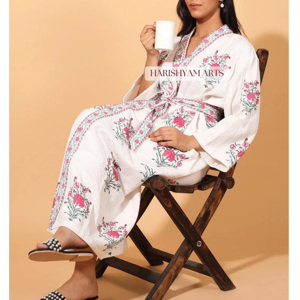 Pink Bloom Block Print Cotton Bathrobe