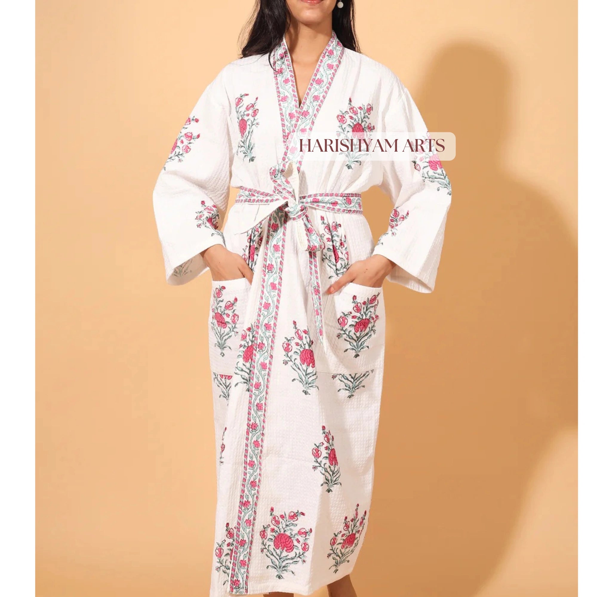 Pink Bloom Block Print Cotton Bathrobe