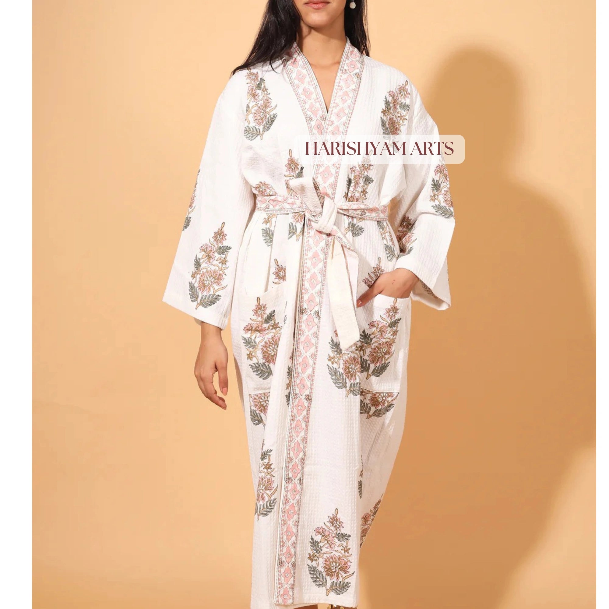 Pink Bloom Block Print Cotton Bathrobe