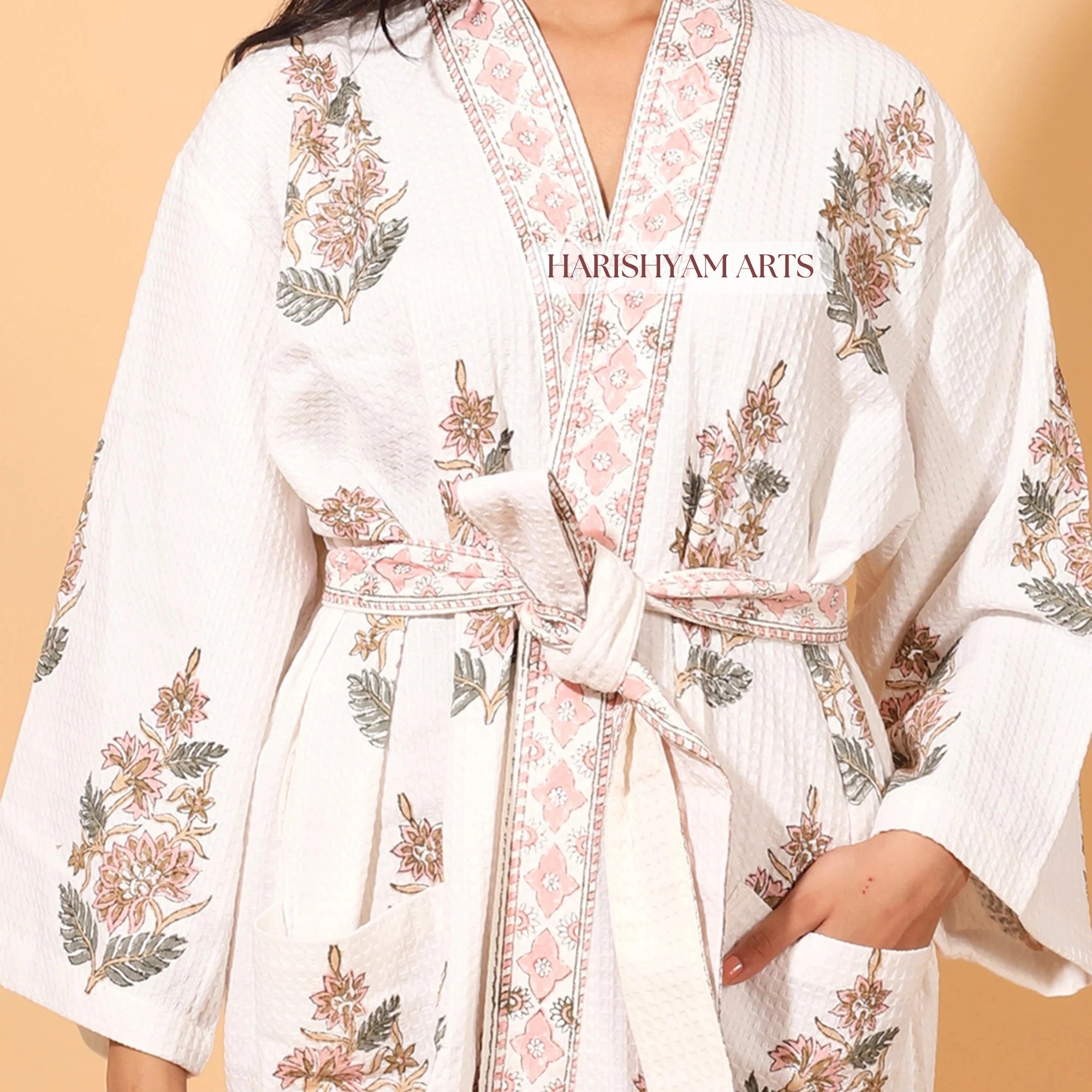 Pink Bloom Block Print Cotton Bathrobe