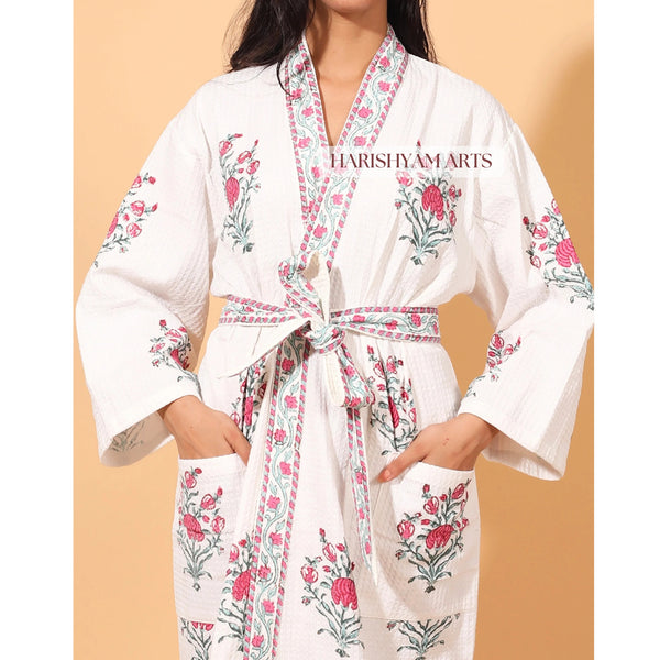 Pink Bloom Block Print Cotton Bathrobe