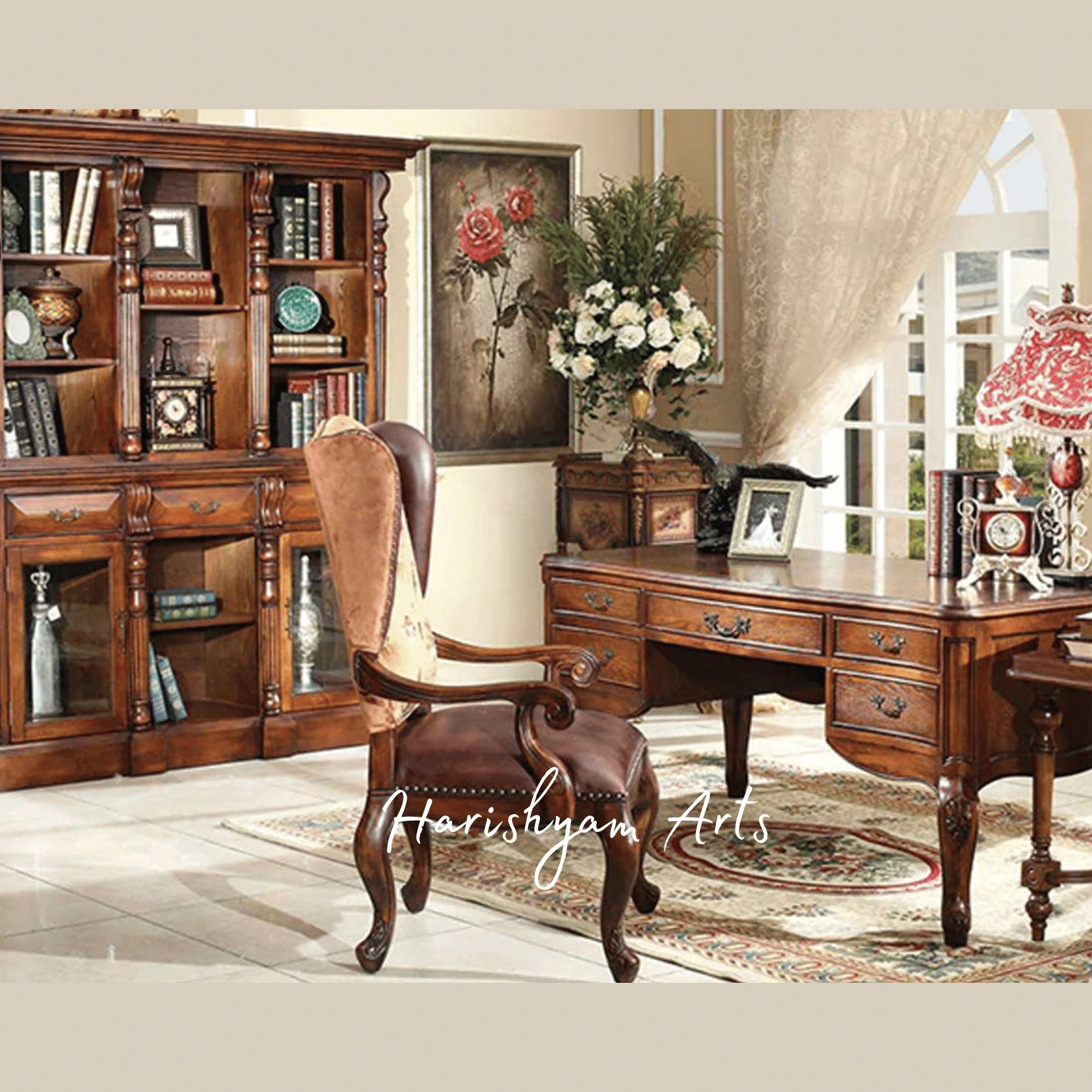 Premium Aristocrat Office Furniture Ensemble with Hand Carved Writing Desk, Royal Armchair and Decorative Bookcase Storage