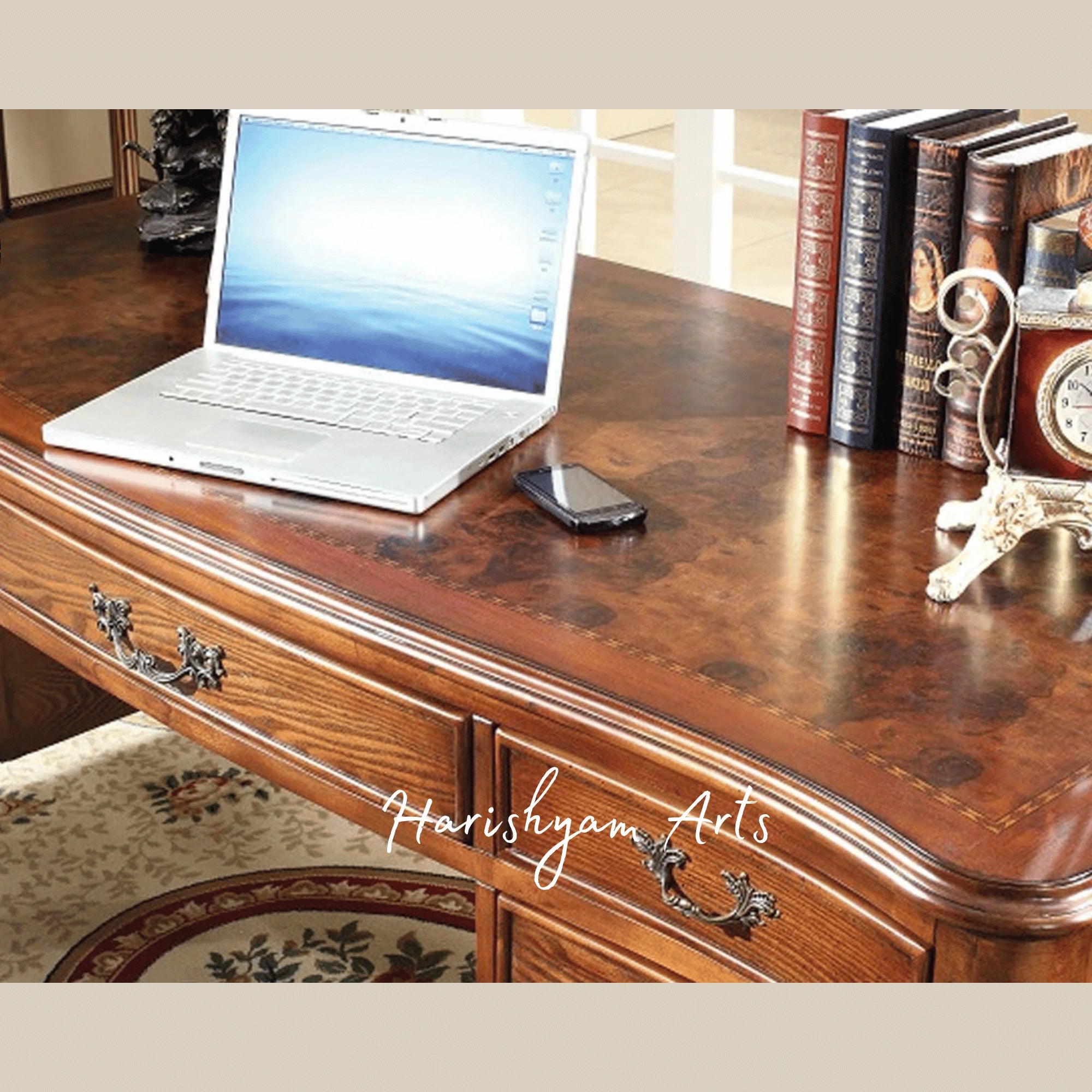 Premium Aristocrat Office Furniture Ensemble with Hand Carved Writing Desk, Royal Armchair and Decorative Bookcase Storage