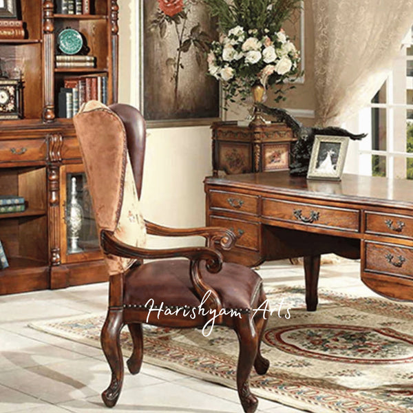 Premium Aristocrat Office Furniture Ensemble with Hand Carved Writing Desk, Royal Armchair and Decorative Bookcase Storage